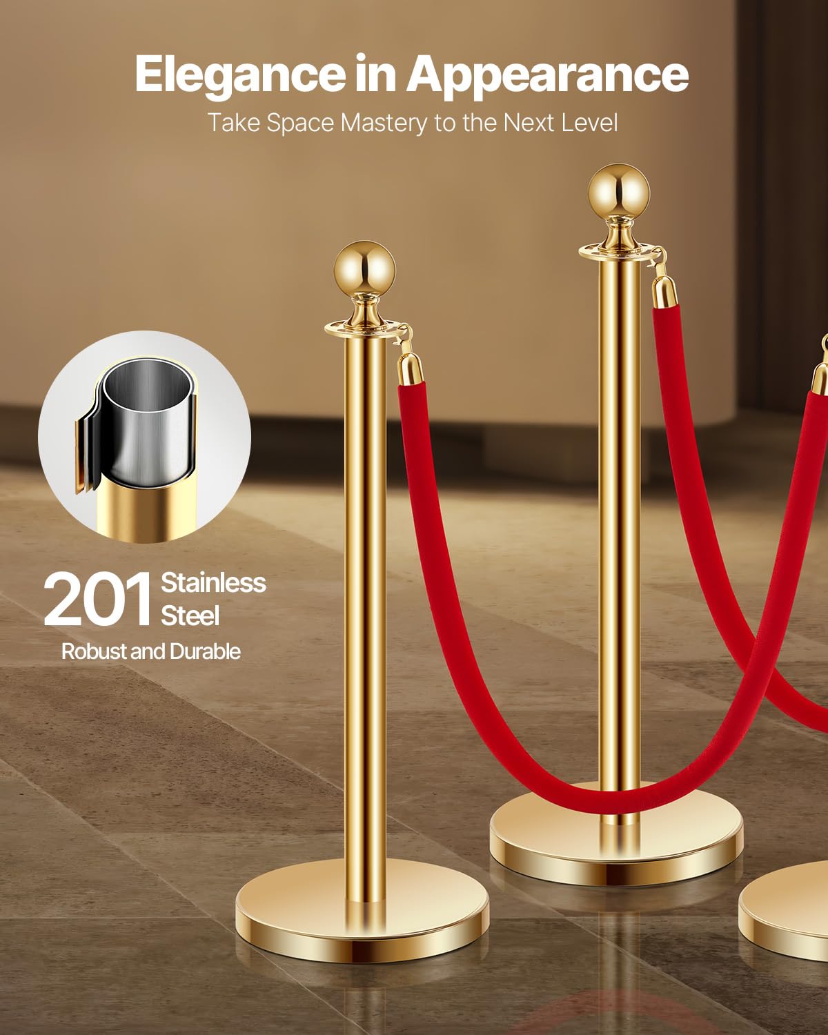 VEVOR Stanchions and Velvet Ropes 4Pcs, Hollow Base with Stainless Steel Post, 2 Red Velvet Ropes and Posts, Crowd Control Barriers Gold Stanchions, Red Carpet Runner Poles for Party Supplies