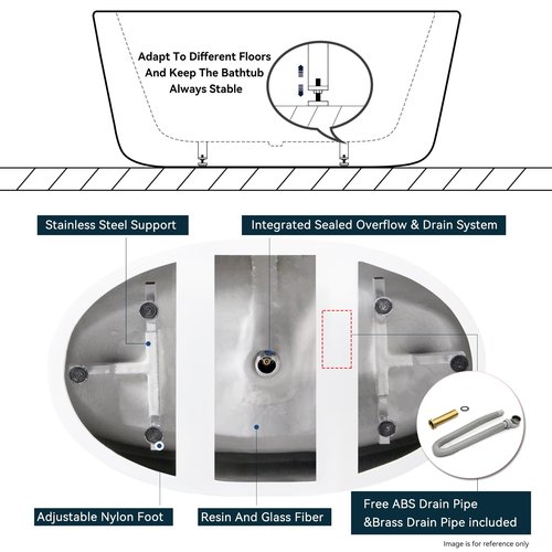 FerdY Koh Samui 65" Acrylic Freestanding Bathtub, Oval Contemporary Soaking Bathtub, Glossy White, cUPC Certified, Toe-Tap Chrome Drain & Overflow Assembly Included