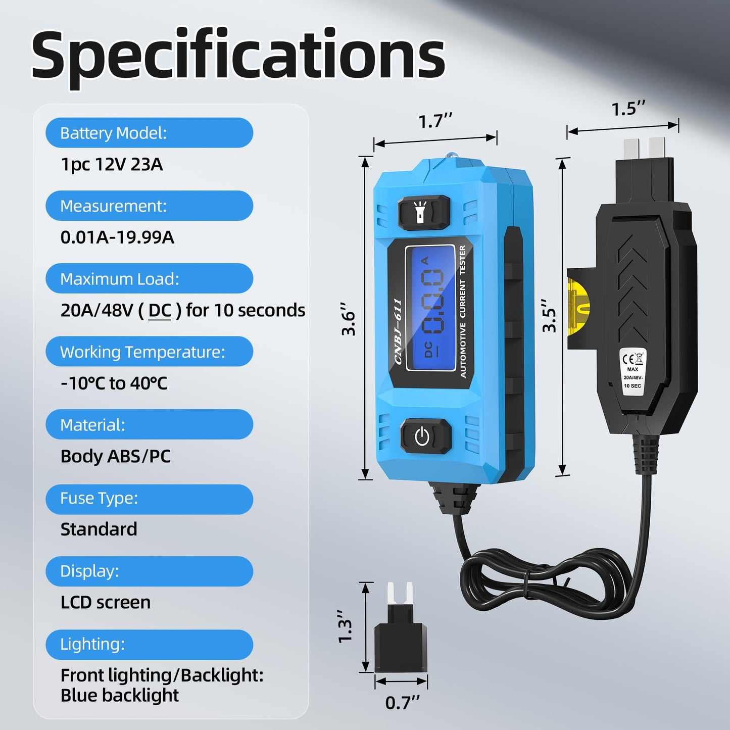 Joinfworld Car Fuse Tester Automotive Circuit Fault Probe Tester 20A 48V with Led Display & Front Lighting Car Relay Fuse Checker for Current Circuit Testing(No Battery Included)