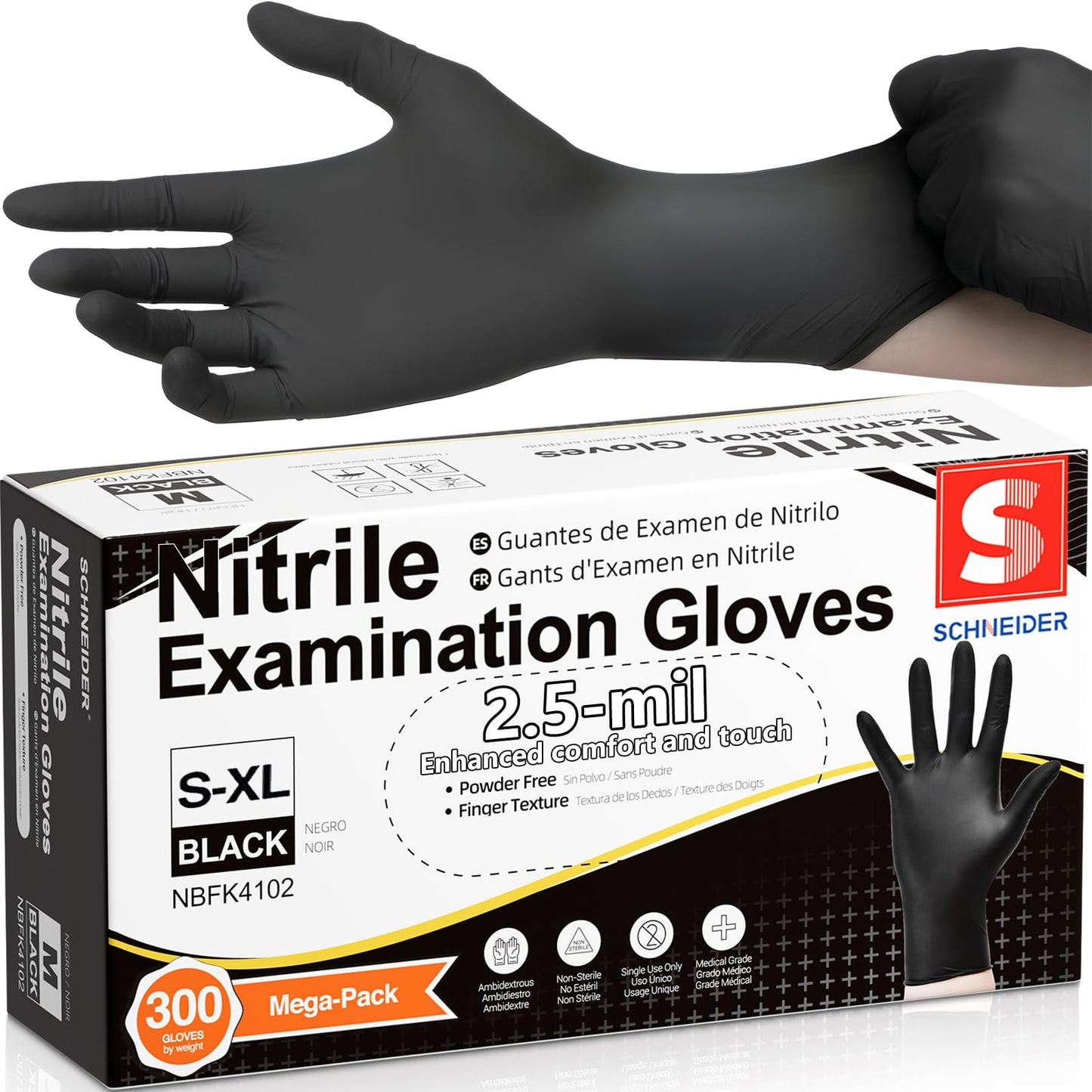 Schneider Medical Black Nitrile Exam Gloves, Box of 300, Latex Free & Powder Free Disposable Gloves, for Medical, Food Prep & Cleaning, Medium