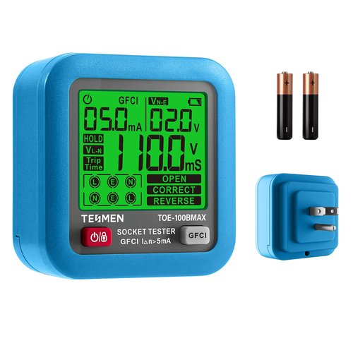TESMEN TOE-100BMAX GFCI Outlet Tester with GFCI Trip Time Test, Backlit LCD, Data Hold, Voltage Tester, Receptacle Tester for Home & Daily Safety Checks - Blue