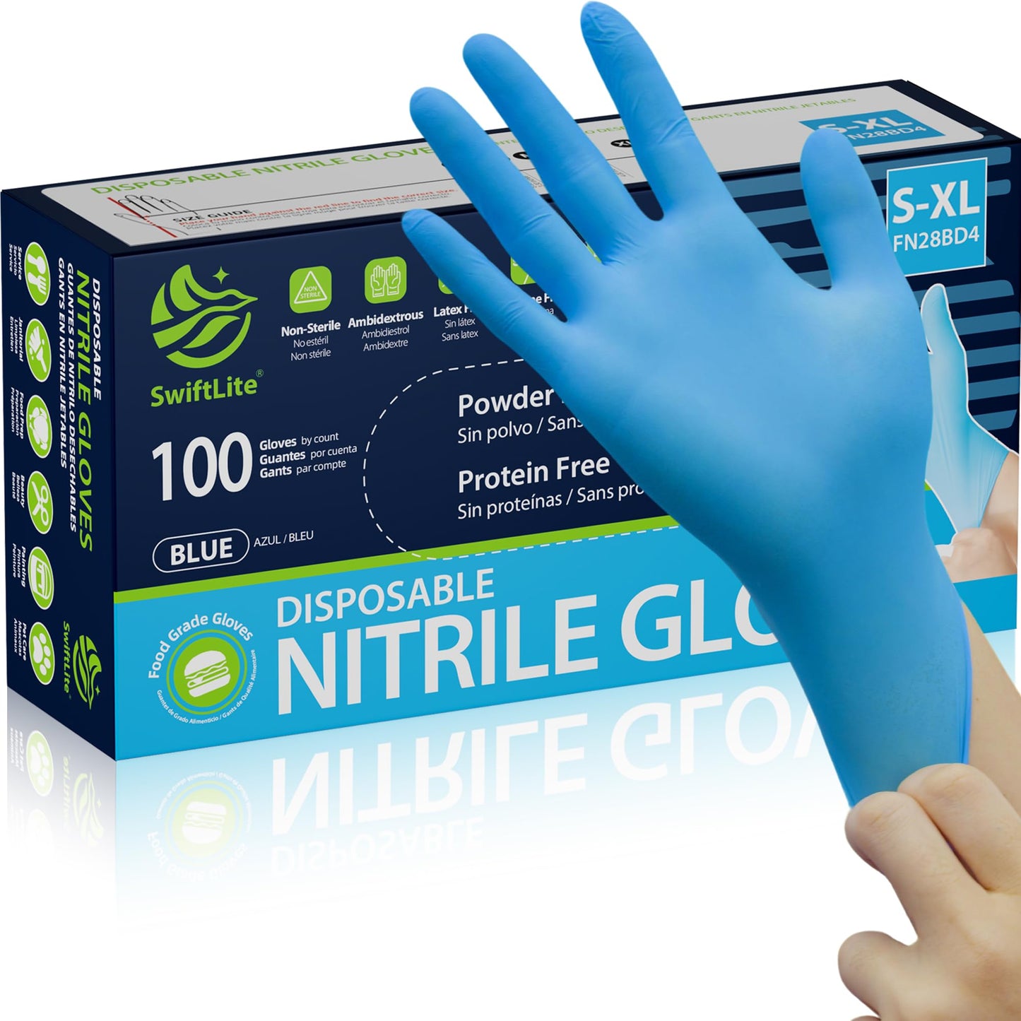 SWIFTLITE Nitrile Gloves, Food Safe Disposable Gloves Latex Free, Blue Rubber Gloves Powder Free for Food Prep, Cooking, Kitchen Cleaning (X-Large, 100)