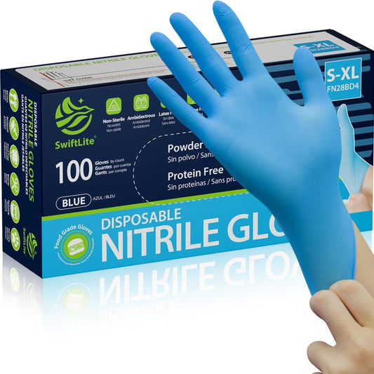 SWIFTLITE Nitrile Gloves, Food Safe Disposable Gloves Latex Free, Blue Rubber Gloves Powder Free for Food Prep, Cooking, Kitchen Cleaning (X-Large, 100)