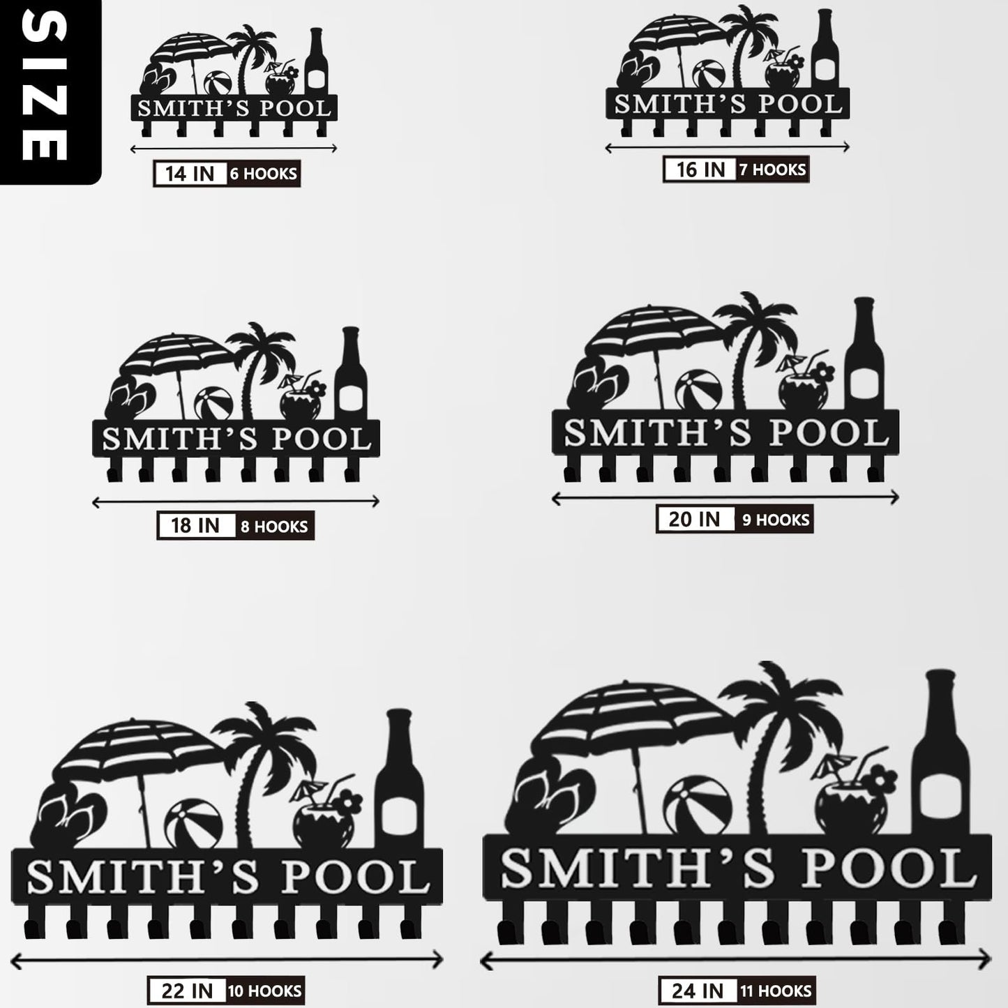 Custom Pool Towel Rack Wall Mount Personalized Name Metal Sign Poolside Towel Hook Outdoor Custom Towel Holder Organizer Pool Accessories for Robe, Towel, Coat, Swimsuit, Umbrella, Bag, Keys