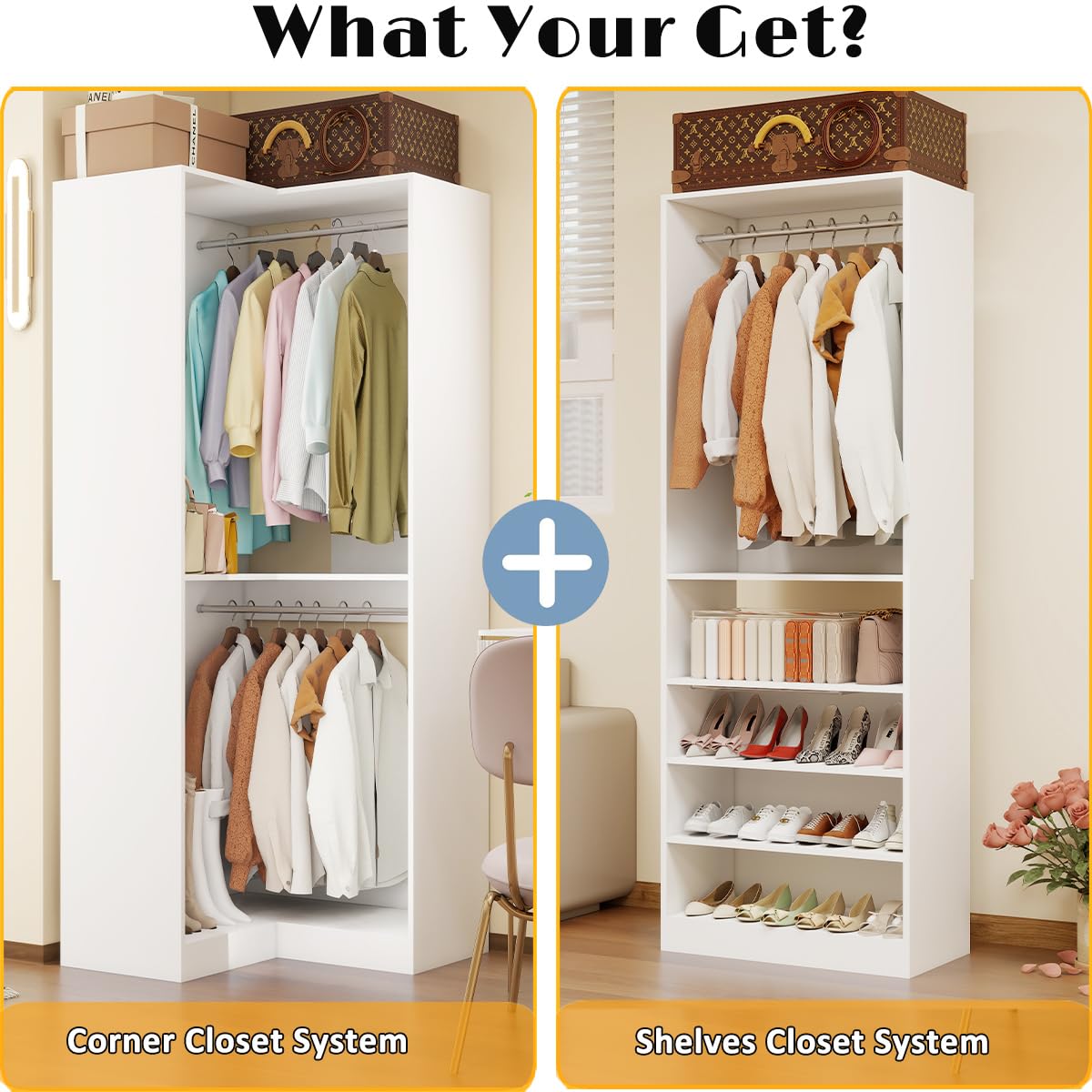 Closet Organizer Systems with 5 Hanging Rods & Adjustable Shelves Walk in Storage Closet Free Standing Closet System Corner Closet System 2 Set, White