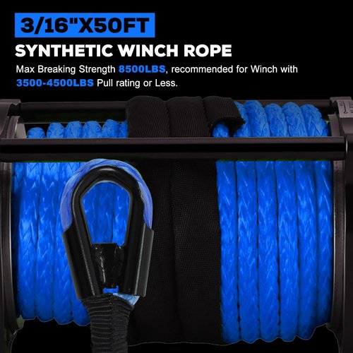 Synthetic Winch Rope Kit, 3/16" x 50ft 8500LBS Blue Winch Cable with Protective Sleeve, Forged Winch Hook, Rubber Stopper and Safety Pull Strap for ATV UTV