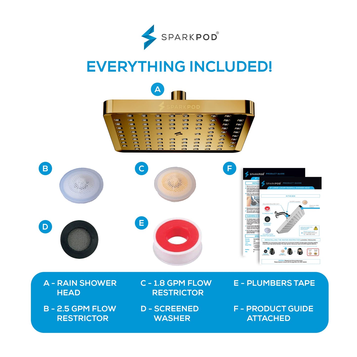 SparkPod Shower Head - High Pressure Rain - Premium Quality Luxury Design - Easy Clean Adjustable Replacement for Your Bathroom Shower Heads (Egyptian Gold, 8 Inch Square)