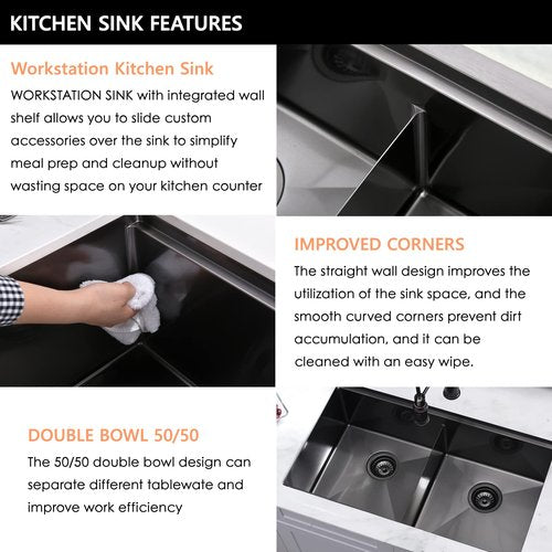 30 Inch Black Undermount Kitchen Sink Double Bowl Workstation -BWXIAOC 30x19 Under Mount Sink 16 Gauge Black Stainless Steel 10 Inch Deep with Accessories