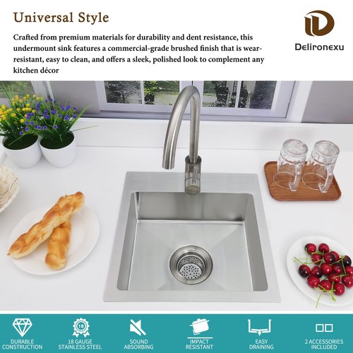15 Inch Bar Sink Drop In - Delironexu 18 Gauge Stainless Steel Small Kitchen Sink, 15"x15" Single Bowl Square Wet Bar with Brushed Finish for Outdoor, RV, and Prep Use
