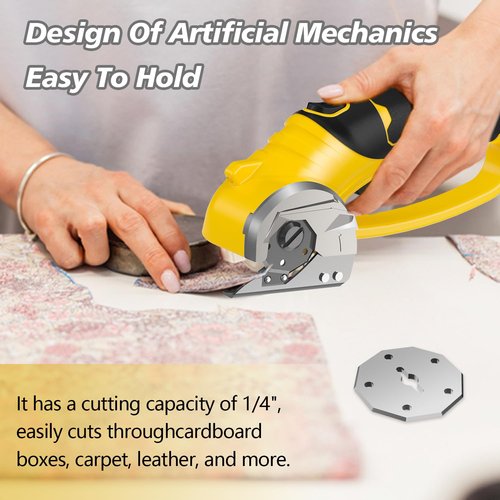Cordless Electric Scissors, 4V Rechargeable Heavy Duty Rotary Cutter with LED Light & Safety Lock for Cardboard, Fabric, Leather, Carpet, Plastic, Crafting, Sewing, DIY & Industrial Use + Box (Yellow)