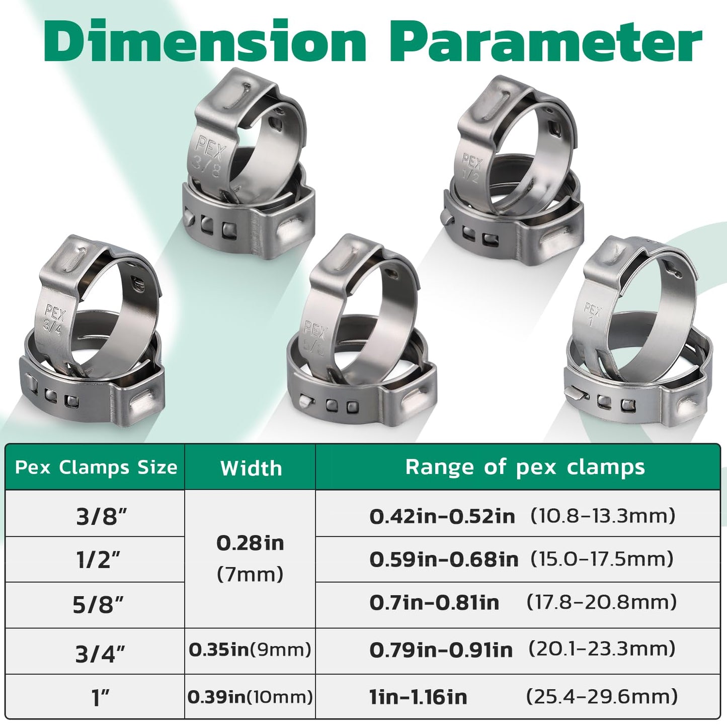 OURU 100PCS Pex Crimp Rings Assortment,304 Stainless Steel Pex Clamps 1/2",3/4" Single Ear Hose Clamps,Pex Cinch Clamps for Pex Fittings Pipe Tubing