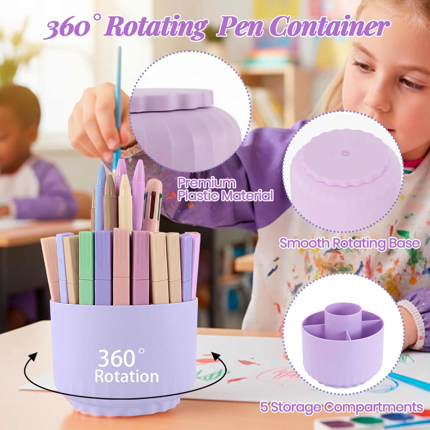 Smloplom Purple Desk Accessories, 11Pcs Desk Organizer with 360°Rotating Pen Holder, Stapler, Staples, Staple Remover, Pen, Ruler, Tape Dispenser, Tape, Clips, Scissor, Notes, Office Supplies
