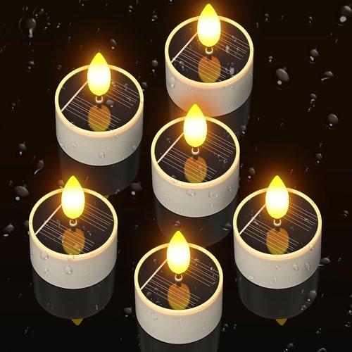 Yme Solar Tea Lights Candles, 6 Pack Small Rechargeable Battery Operated LED Flickering Flameless Tealight Candles with Dusk to Dawn Sensor for Outdoor Waterproof Garden Patio Yard Party Decor