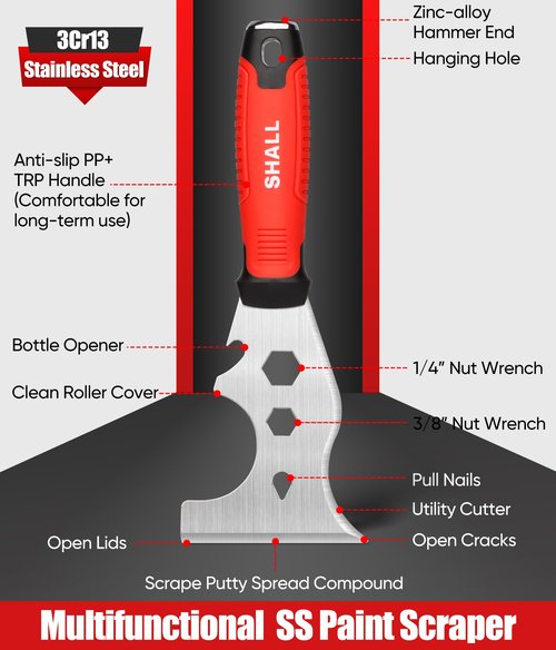 SHALL Drywall Tool Kit, 7 Pcs Stainless Steel Set Includes Putty Knife, Taping Knife, Painter Scraper Tool & 12" Mud Pan for Joint Taping, Finishing, Patching