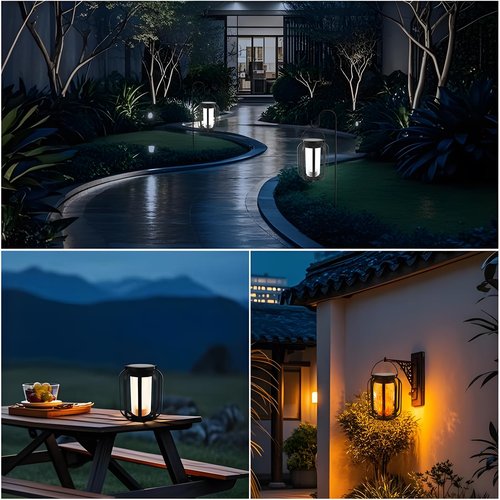 Solar Flame Camping Lantern, Solar Lantern Outdoor Lights with Base, Automatic Light Sensor, USB-C Charging, Waterproof Hanging Lanterns for Garden Yard Patio Backyard Porch Decor (2 PCS)