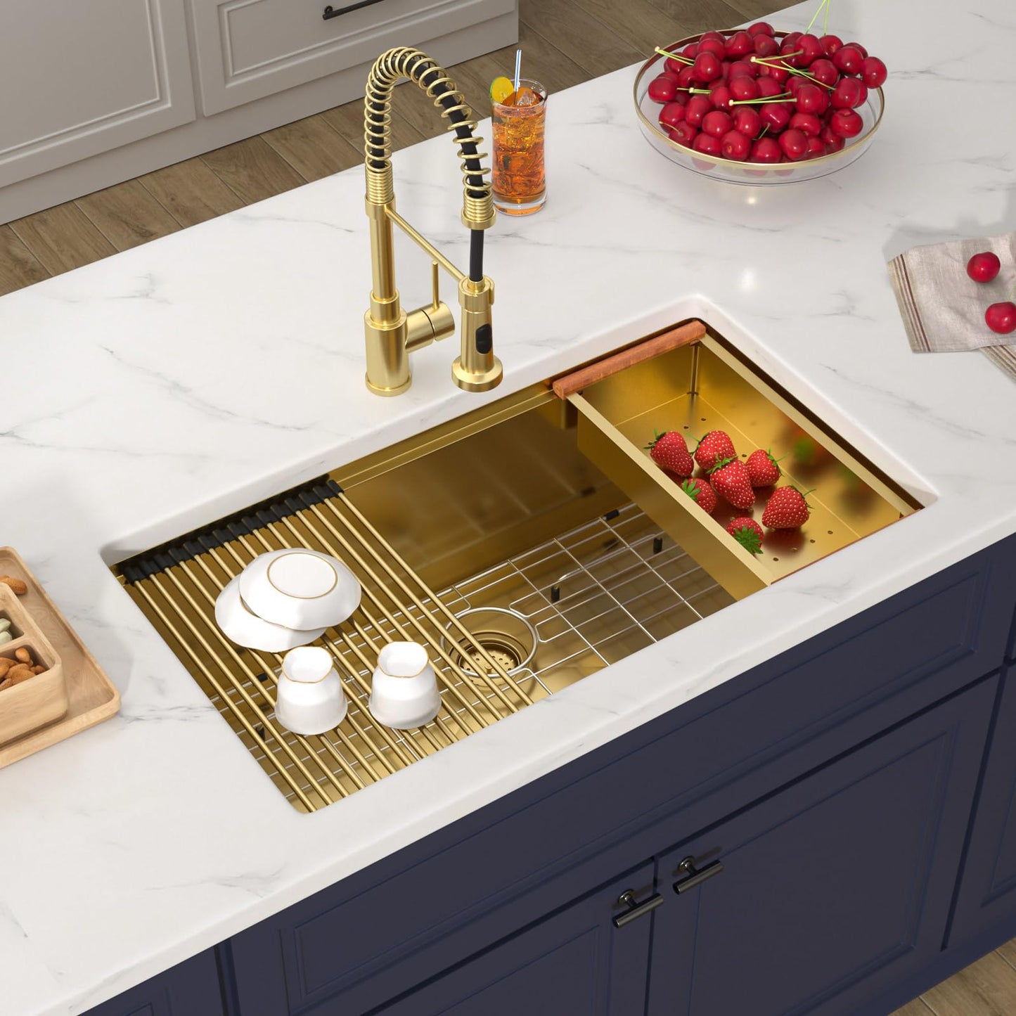 Donsdey 36 Inch Brushed Gold Undermount Workstation Kitchen Sink 36''x19'' Stainless Steel Single Bowl Undermount Large Capacity Sink with Luxury Accessories Handmade Deep Bowl Sinks