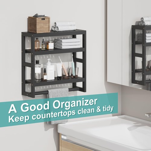viewcare Bathroom Shelves for Storage, Small Shelf Over Toilet, Adjustable 3 Tiers Shelf for Bathroom Storage (Black)