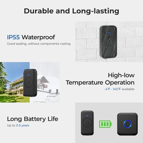 FOVKSUC Wireless Doorbell, Waterproof Door Bell with 60 Chimes, 5 Volume Levels & 2 Mute Modes, Loud Doorbells Wireless for Home Classroom Office (1 Receiver & 1 Button, Black, American Plug)