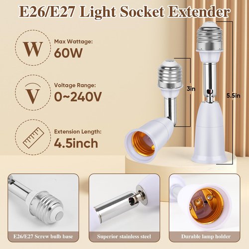 3 Pack Light Socket Extender, E26/E27 4.5 Inch Light Socket Extension, Vertical 180°Horizontal 350° Adjustable Medium Screw Base Light Bulb Extension Socket