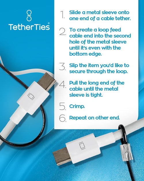 TetherTies Cable Organization, DIY Tether Kit - Customizable Cable Tethers for Computers, Adapters & Dongles - Easy Self Installation Tether Cables with Free Crimping Tool (Black 5 Pk, 12 inch)