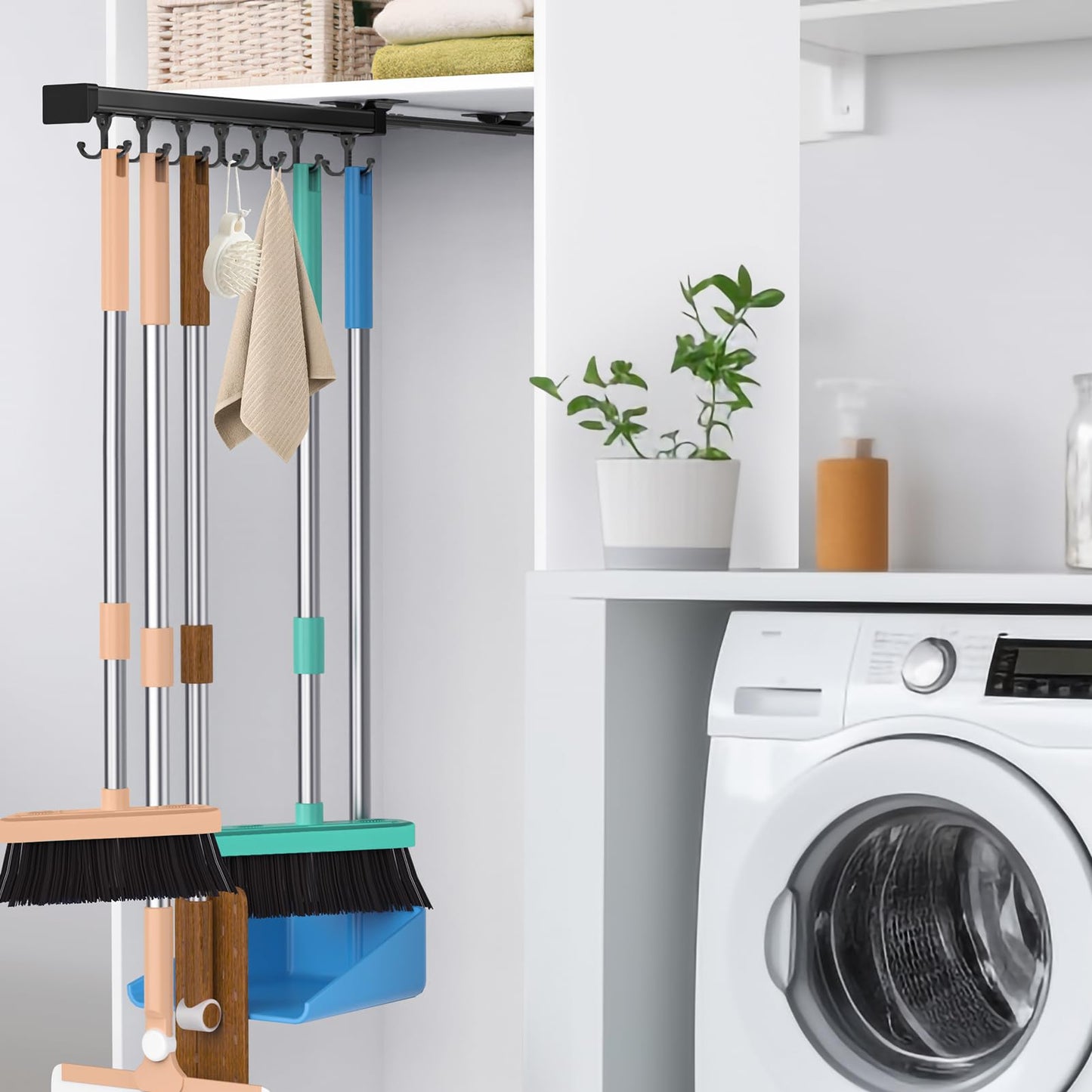 PrimZooty Pull Out Broom Holder With Adjustable Double Row Sliding Hook, Multifunctional Slide Broom And Mop Storage/Organizer Garage Organization Hooks, for Closet Laundry - 41cm/16.14inch