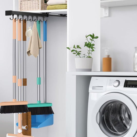PrimZooty Pull Out Broom Holder With Adjustable Double Row Sliding Hook, Multifunctional Slide Broom And Mop Storage/Organizer Garage Organization Hooks, for Closet Laundry - 41cm/16.14inch