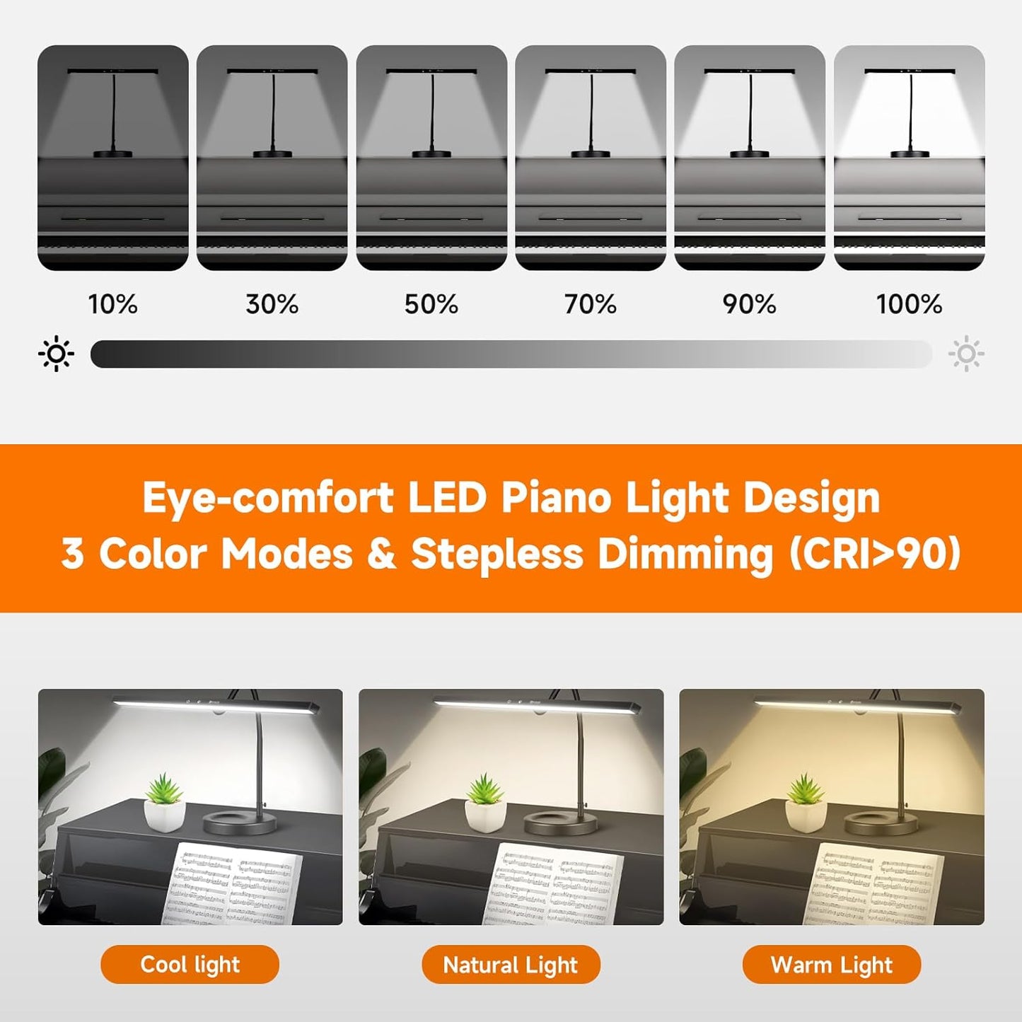 DUDUDU 17" Dimmable LED Piano Light, 2-in-1 Clamp Base Piano Lamp Flexible Gooseneck with 3 Colors Modes, Adjustable Height & Direction for Grand/Upright/Digital Pianos, Sheet Music & Studio Lighting