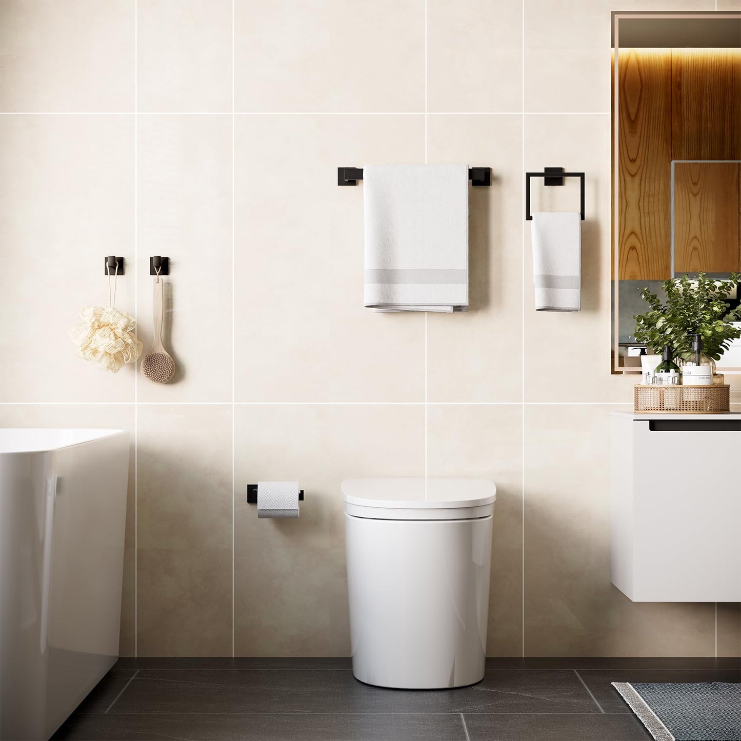 HAWKROWN 5-Piece Matte Black Bathroom Accessories Set, SUS304 Stainless Steel Wall Mounted 16 Inch Hand Towel Bar, Toilet Paper Holder, Towel Ring, Towel Hooks, Bathroom Hardware Set, Towel Bar Set