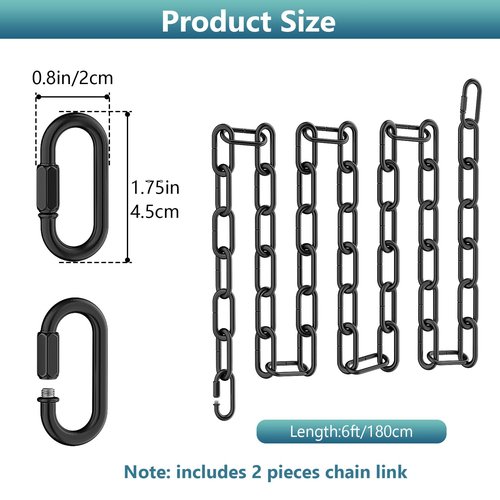 6 Feet Industrial Black Light Fixture Chain, Adjustable Metal Pendant Chandelier Chain Extension with Detachable Link, Maximum Load is 66 Pounds