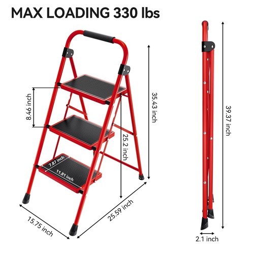 KINGRACK Step Ladder, 3 Step Ladder with with Anti-Slip and Wide Pedal,Portable Foldable Step Stool with Handgrip,Tall Sturdy Step Ladder for Home Kitchen Household,Red