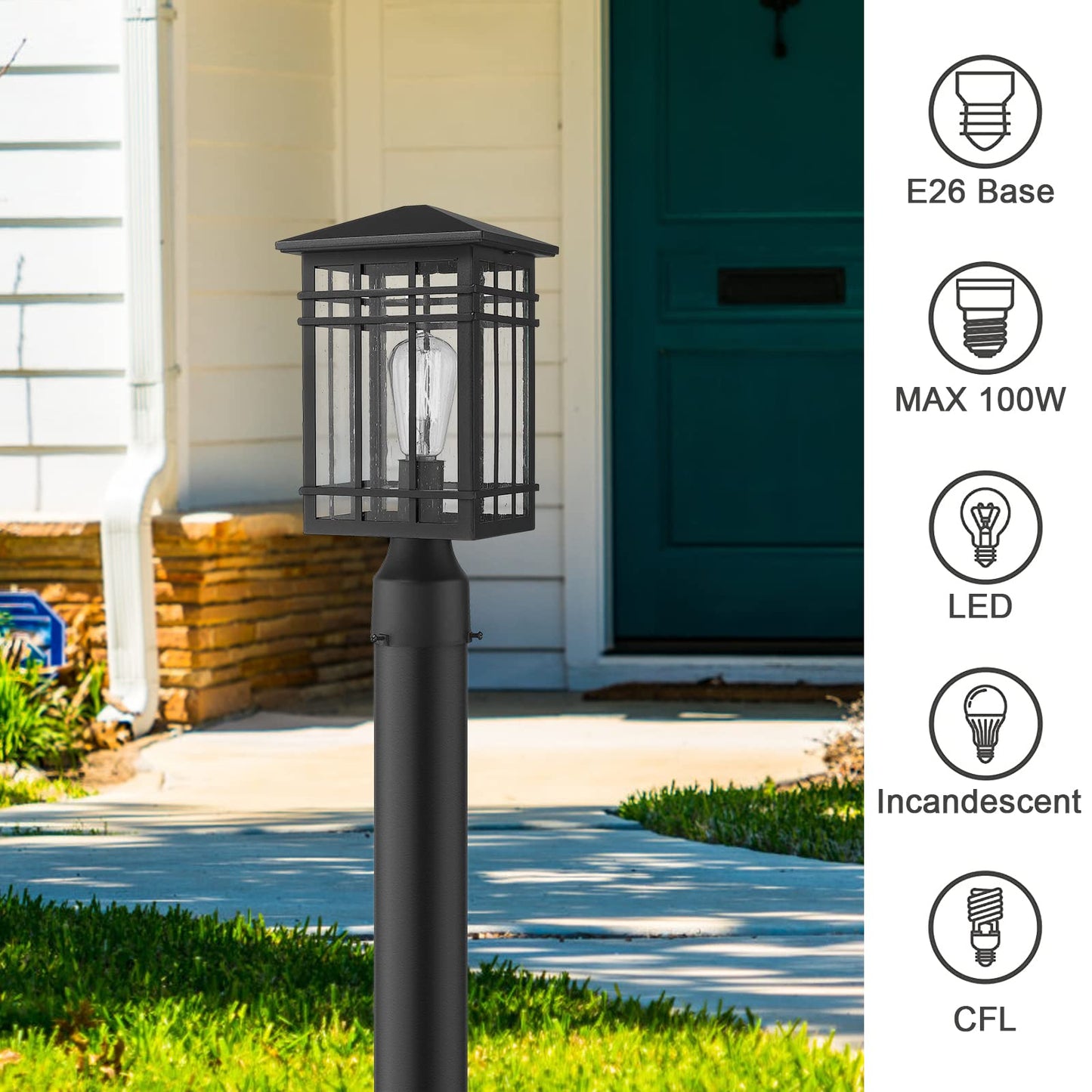 Rosient Outdoor Post Lights Fixture - Exterior Post Lantern with Seeded Glass in Black Finish - Pillar Light Ideal for Patio, Pathway, and Driveway - Outdoor Pole Lights for Porch Post Lighting, Black