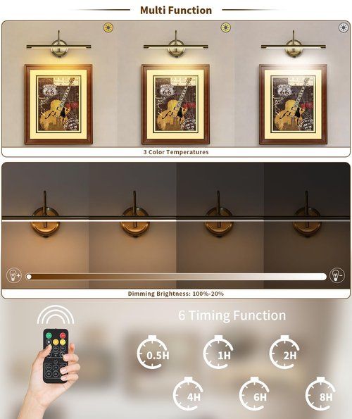 JOOSENLUX Battery Operated Picture Light Gold - Modern Wireless Picture Lights for Wall Dimmable 16.5inch Under Cabinet and Swing Arm for Canvas Sconce 3000K CRI95
