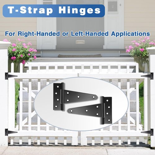 6 Inch T-Strap Shed Door Hinges, 2 Pack Heavy Duty Tee Hinge, T-Gate Hinges, Gate Strap Hinges, Black Wrought Hardware for Wooden Fences, Barn Door, Shed Doors