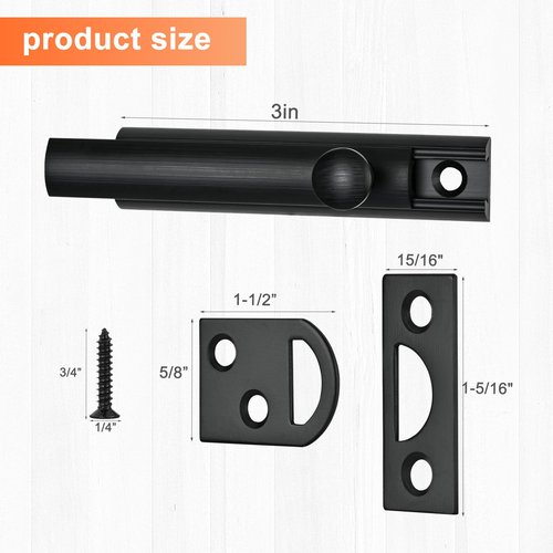 KOVOSCH Solid Brass Surface Bolt 3 Inch, Heavy Duty Concealed Slide Surface Door Bolt, Black