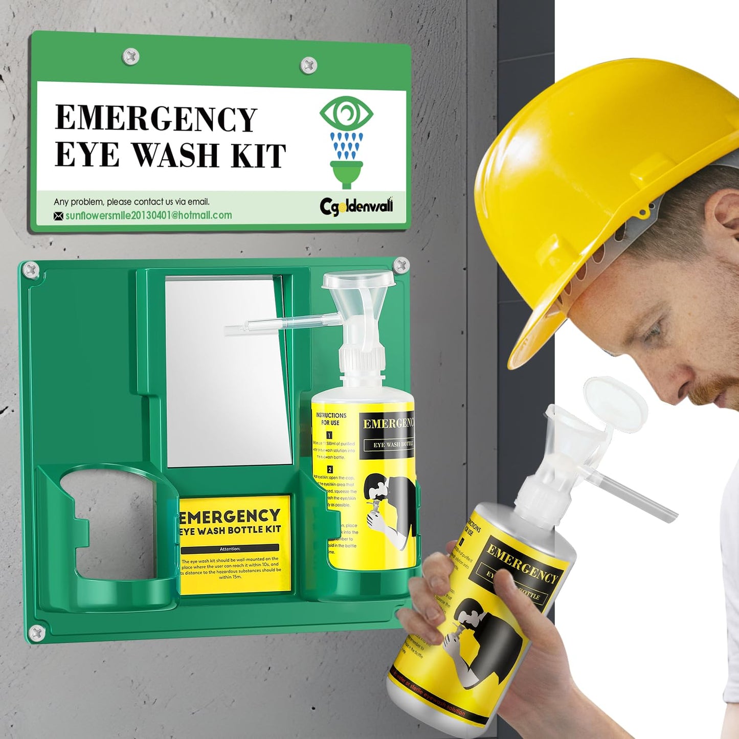 CGOLDENWALL Upgraded Portable Eye Wash Station OSHA Approved Emergency Eye Wash Kit, Sturdier Bottle Holder Larger Mirror, 2 * 16.9oz Empty Eyewash Bottles, NO Solution (White Cap)
