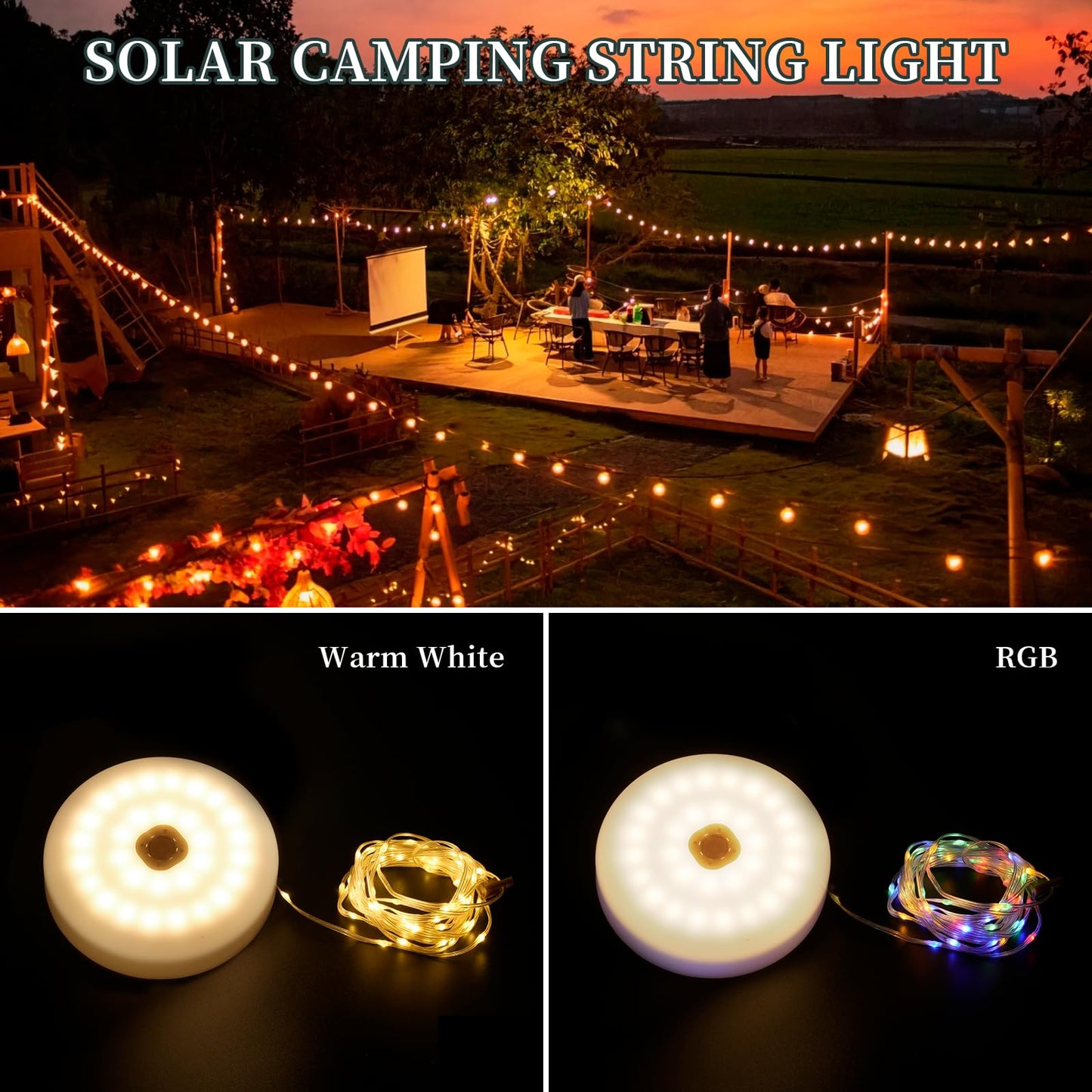 MGYIF Solar Camping String Lights with 180 LEDs, 33 FT Outdoor Fairy String Lights with 13 Lighting Modes & Timer, Waterproof & Rechargeable, Camping Gear for Tent, Yard, Garden, Hiking, Travel Decor