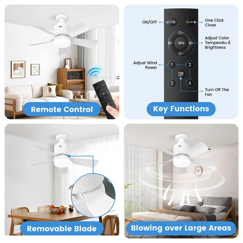 Socket Fan Light with Lights Ceiling Fans with Remote and App Control 3 Colors 3000K-6500K 2800 Lumens Light Bulb Fan Screw in Small Ceiling Fans for Bedroom Living Room Kitchen Garage (White)