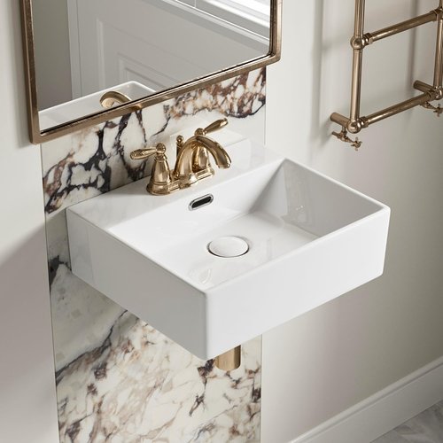 16"W x 14"D Wall Mounted Bathroom Sink With 3 Pre-drilled 4-Inch Faucet Holes, Los Flexi 16 Inch White Rectangular Ceramic Vessel Sink With Overflow, Compact Wall Hung Sinks for Small Bathrooms