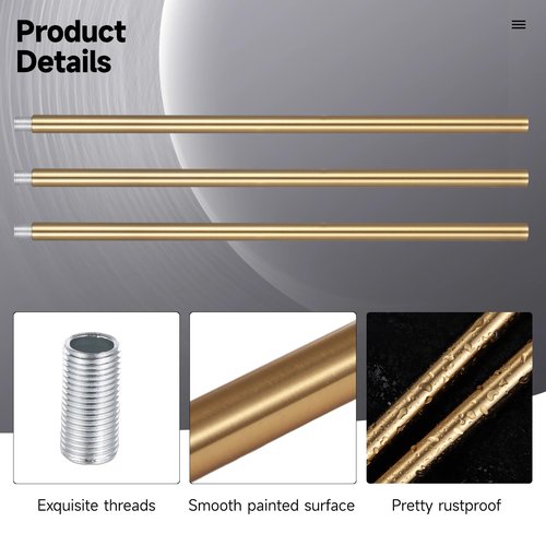 Lnrueg Brass Color M10 Threaded Extension Rod, 10 PCS 12 Inches Threaded Extension Rod for Pendant Light, Island Lighting, Chandeliers, Lighting Fixture Rods Stems (Brass Color)