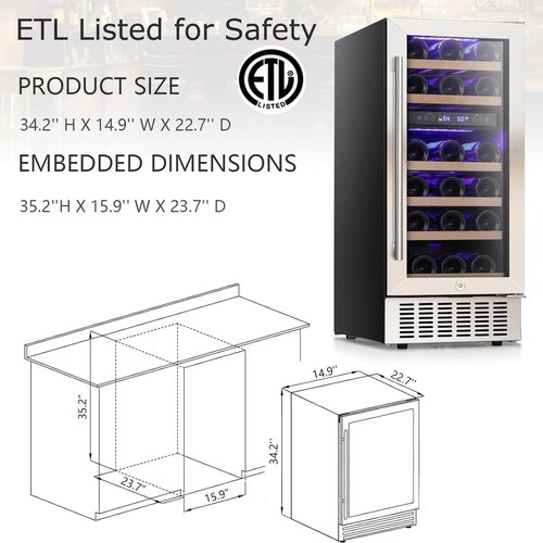 COWSAR 28 Bottle Wine Fridge, Dual Zone Beverage Refrigerator ETL Approved, Independent Temp, LED, Under Counter Drink Wine Cooler Chiller with Stainless Steel Frame, Double-Layer Tempered Glass Door