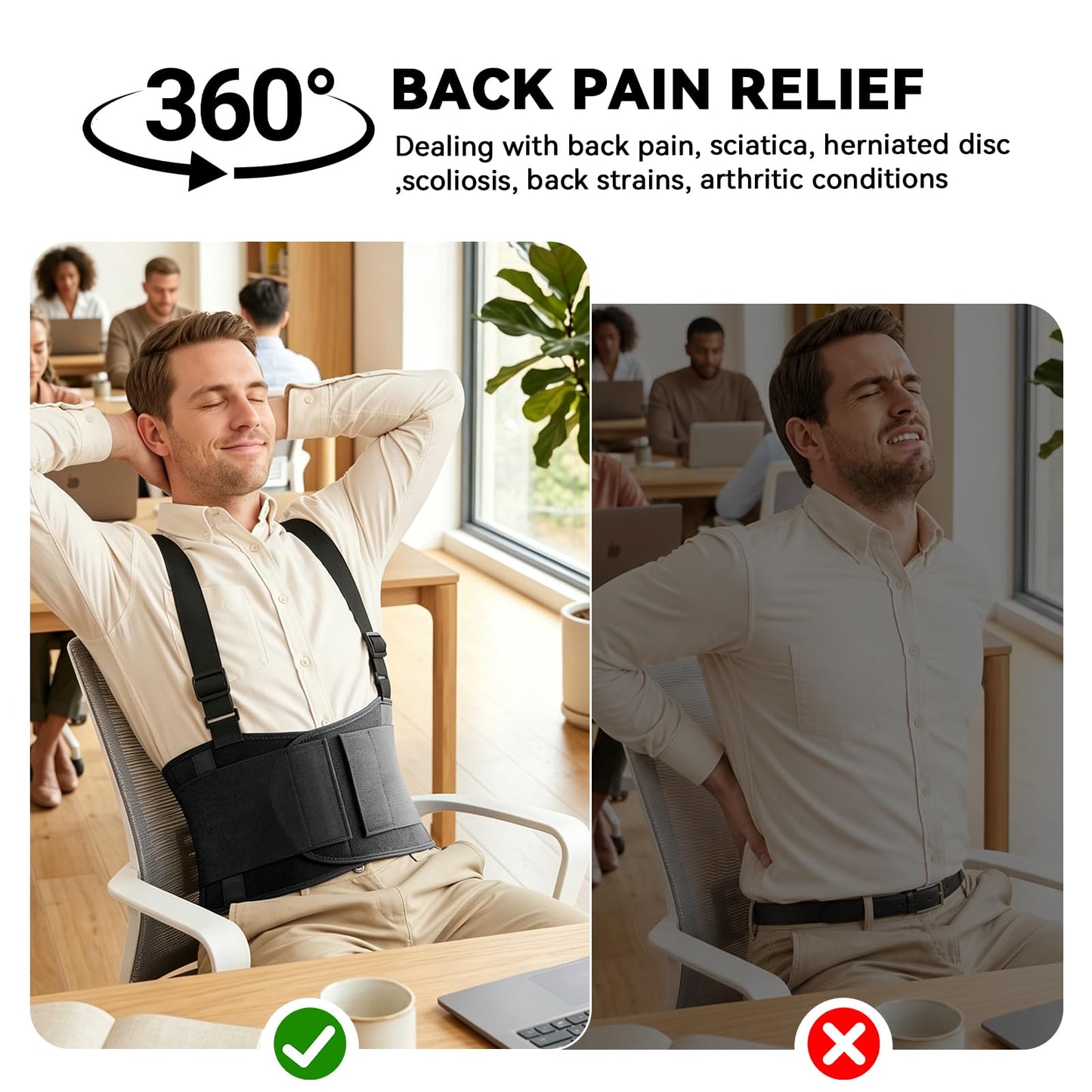 SOLOEVER Work Back Brace for Men & Women, Adjustable Lower Back Support Belt for Sciatica, Herniated Disc, Pain Relief, Moving Construction Warehouse Heavy Lifting Safety & Protection (Black, Large)