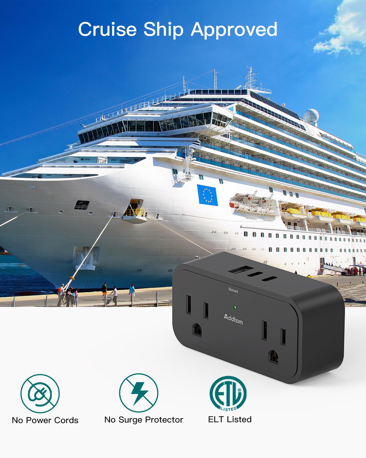 Cruise Ship Essentials, Travel Power Strip - Outlet Extender with 4 AC Outlets 3 USB (2 USB C), No Surge Protector Cruise Approved for Carnival, Royal, Multi Plug Adapter for Cruise Travel Essentials