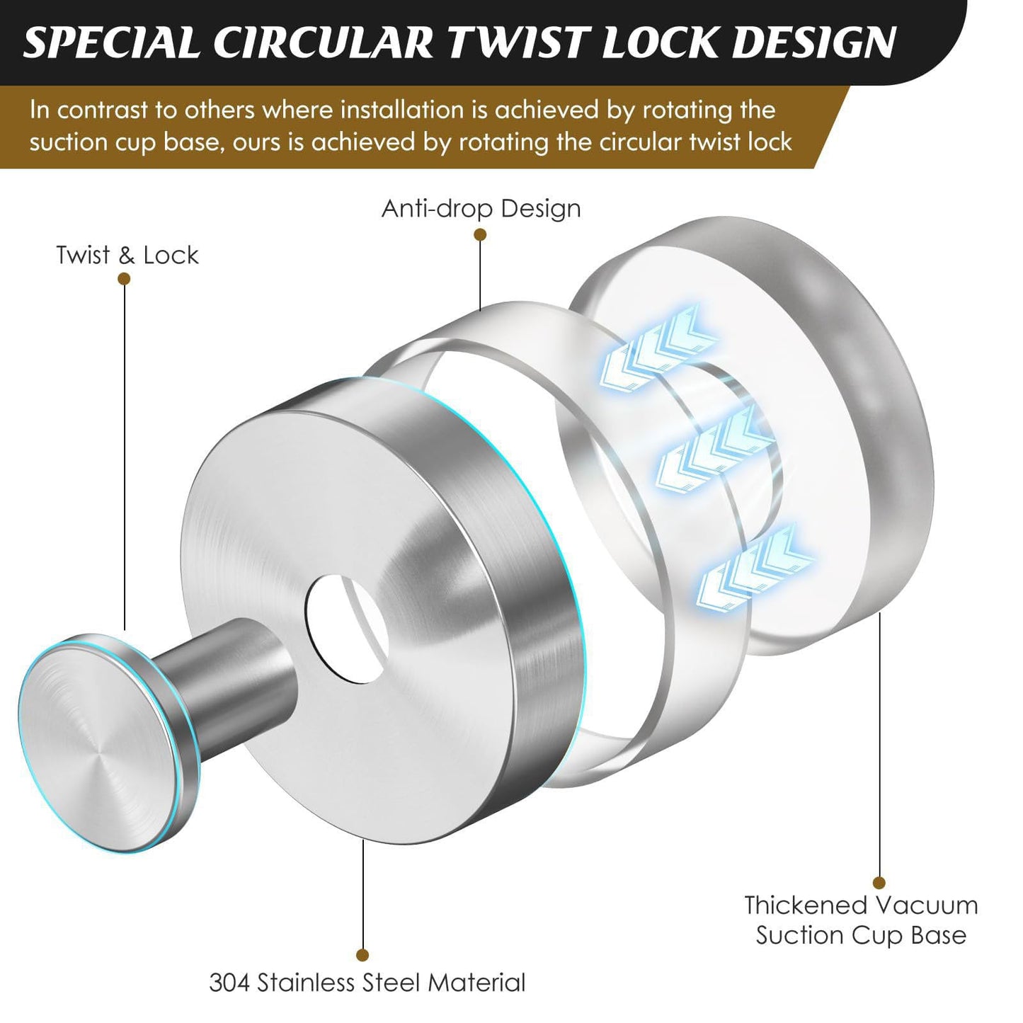 BBLING Suction Cup Hooks, Heavy Duty Damage-Free Towel Hooks for Bathroom, Kitchen, Shower, Glass, Mirrors, Tiles (Black, 4pcs)