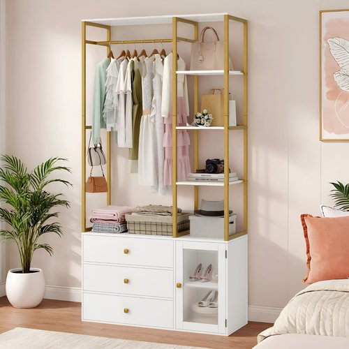 BOTLOG Closet System Organizer, 81.3” H Wardrobe Closet with 3 Wooden Drawers, Clothes Rack with Hanging Rods, 4 Tiers Shelves, Metal Frame, White and Gold