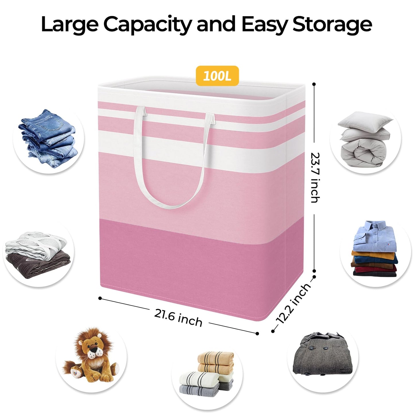 HomeHacks 2 Pack Large Laundry Baskets, Waterproof, Freestanding Laundry Hampers, Collapsible Clothes Hamper with Reinforced Handles in Laundry, College Dorm, Bathroom, Bedroom (Pink, 100Lx2)