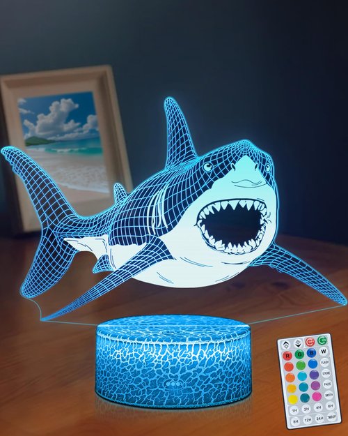 DAHEYMA Shark 3D Light Illusion, 16 Colors LED Dimmable Night Light - Touch and Remote Control, Room Home Decor Shark Lamp with Tpye-C Cable