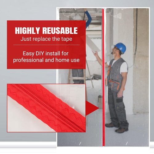 (2-Pack) 4 ft x 7 ft Plastic Zipper Door Dust Protector (Red Zippers) - Heavy-Duty Plastic Sheeting with Zipper Door Dust Protection - Easy to Install and Remove - Includes 3 cm x 10 m Gaffer Tape