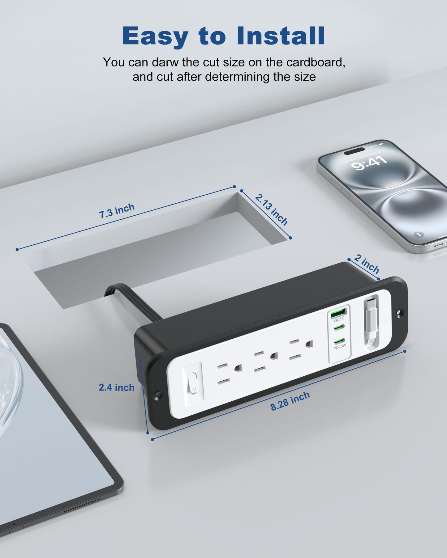 Recessed Power Strip with Retractable USB C Cable,2 PD 20W USB C,Flush Mount Countertop Drawer Outlet, Furniture Hidden Outlet for Side Table,End Table,3 Outlets (White and Black, 6FT-20W)