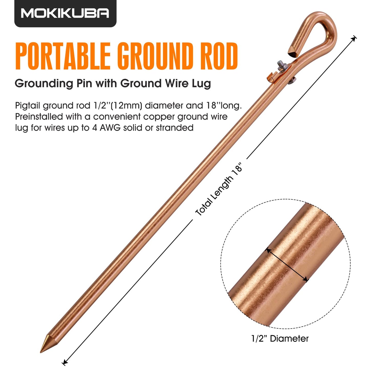 Portable Ground Rod - Copper Electrical Grounding Pin with Ground Wire Lug| Great for Electric Fences,Antennas,Satellite Dishes,Ground Post Pin,Tie Out Stake (Set of 1 Ground Pin)