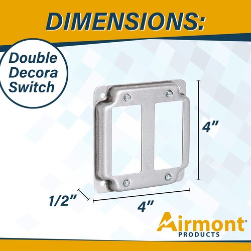 Airmont Products AP-12094, 4" Square Double Decora Switch Electrical Box Cover, 1/2" Raised, Exposed Work, Galvanized Steel, Crushed Corners, 2-Gang